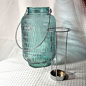 9 1/2"  Blue Green Diamond Textured Glass Candle Lantern